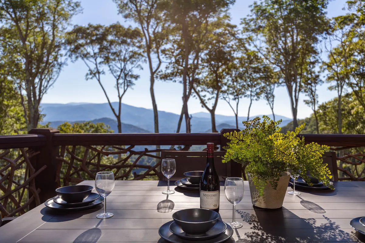 A relaxed outdoor dining setup with a table set for a meal, wine bottle, flower arrangement, and a panoramic mountain view in the background. The scene exudes a celebratory, communal mood ideal for social gatherings, wine tastings, or sunset dinners.