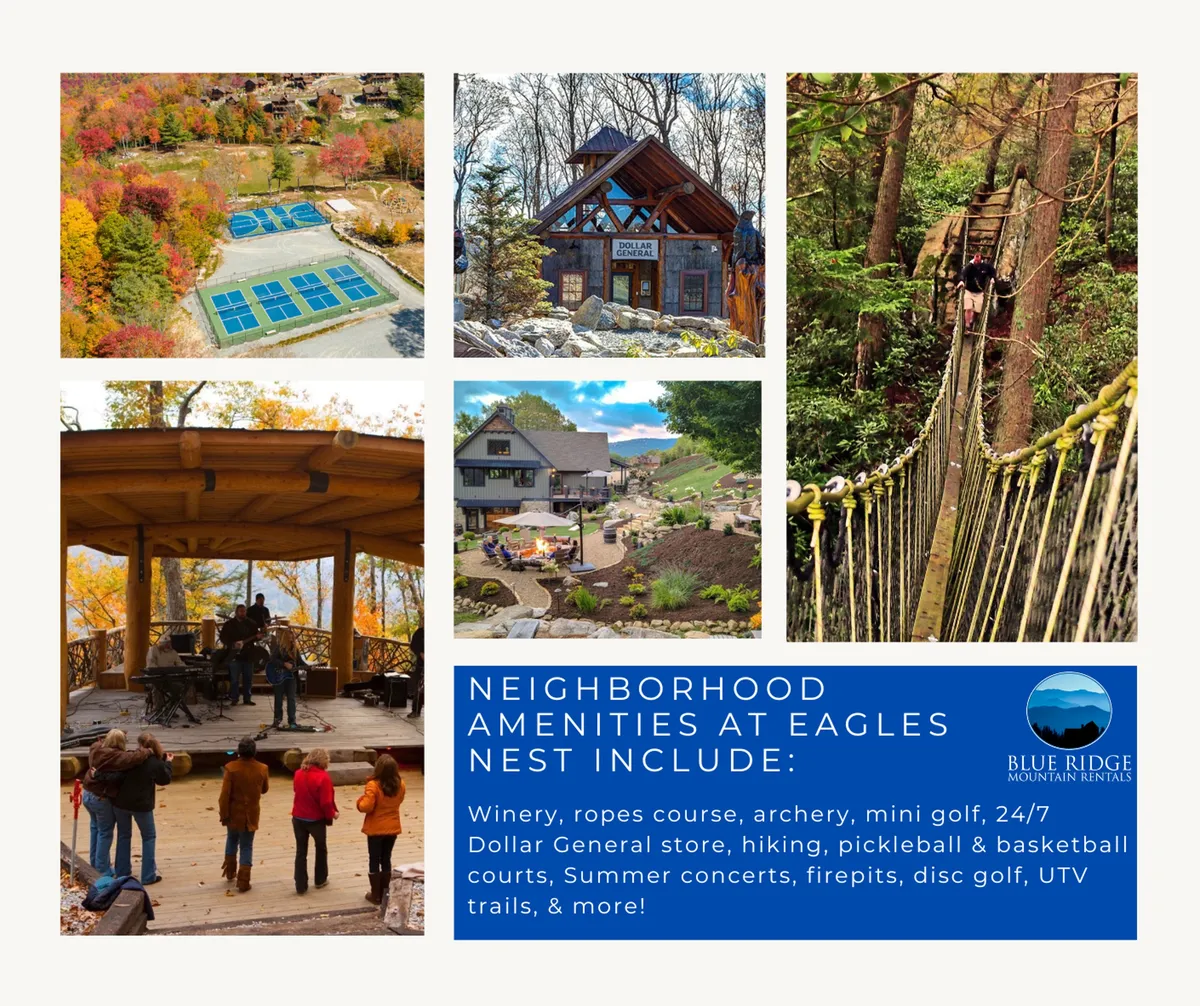 An expansive exterior image showcasing the resort's ropes course, mini golf area, archery range, outdoor concert stage, cottages, hiking trails, and a suspension bridge. Groups of people are engaged in various outdoor activities and socializing around firepits, reflecting a vibrant and active community atmosphere.